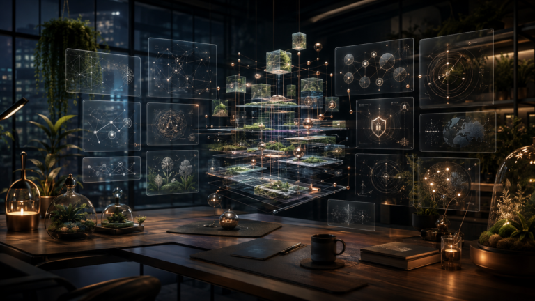 Botanical technology workspace with glass system diagrams, interconnected architecture, greenery, and rose-gold details representing software development, research, security, and systems engineering.