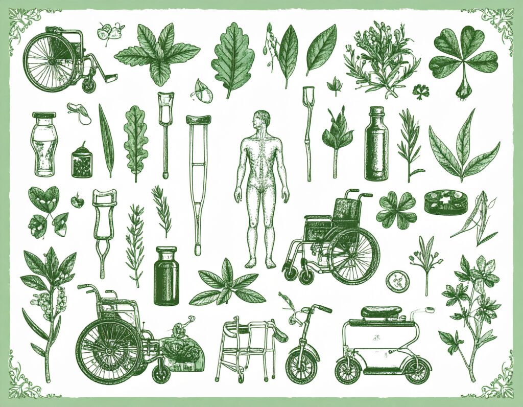 Botanical medical illustration in monochromatic green