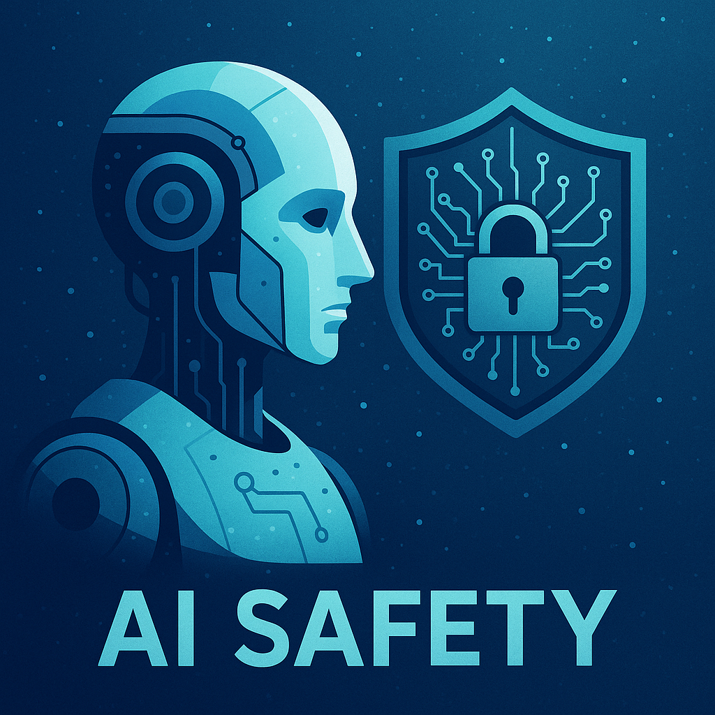 Digital illustration symbolizing AI safety, featuring a secure lock, human hand, and glowing circuit lines.